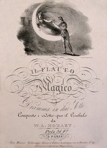 Prins Tamino mottar den fortryllede fløyten til Nattens Dronning, omslagsillustrasjon av skilleboken til "" Den fortryllede fløyten"" (Die Zauberflote) (1791) av W.A. Mozart (1756-1792). Leonard de Selva-samlingen. av Unknown artist