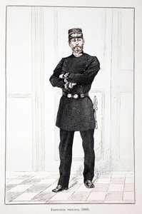 Hovedinspektør (1894). Etsning i farger, for illustrasjon "" History of the corps of peacekeepers""" bok utgitt i regi av Louis Lepine (1846-1933), prefekt for politiet på Seinen, av Alfred Rey (1864-?) og Louis Feron (1862) -?) av Unknown artist