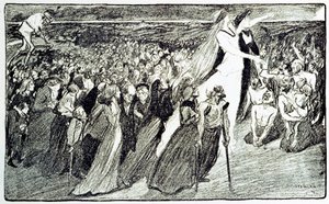 Prosesjon under pilegrimsferden i Lourdes, allegori av Theophile Alexandre Steinlen (1859 - 1923) som illustrerer "Lourdes" av Emile Zola (1840-1902) hentet fra "Gil Blas illustrious"" av Unknown artist