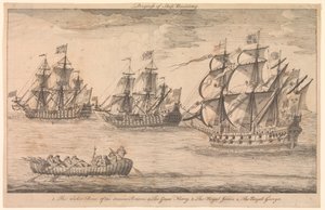 Fremskritt innen skipsbygging. 1. Kurvbåten til de gamle britene 2. Great Harry 3. Royal James 4. Royal George av Unknown artist