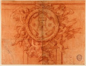 Prosjekt for en veggdekorasjon (kvinnefigurer og putti støtter en sirkulær medaljong med våpenskjold) av Unknown artist