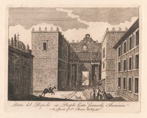 Prota del Popolo eller People Gate tidligere Flaminia: 1. kirken St. maria del Popolo av Unknown artist