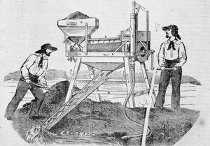 Pub "The Fortune, Company of the Gold Mines of California"": bilde som viser to gullgravere som arbeider i vaskemaskiner og blander gull - i "" the Charivari"" av 25. juni av Unknown artist