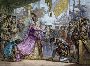 Queen Elizabeth I (1530-1603) knighting Francis Drake (1540-96) - Softening by Francis Drake (1540-1596) av Unknown artist