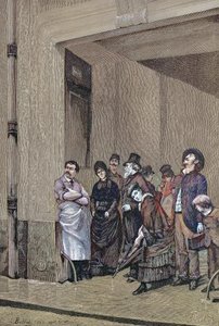 Regnvær, folk som står under et tak og venter på at regnet skal stoppe, maleri av A. Bellet av Unknown artist