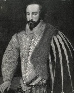Raleigh, Sir Walter (1554–1618). Engelsk sjømann, oppdagelsesreisende og megler. Portrett av Sir Walter Raleigh. Gravert i 1891, utført etter en anonym original som er bevart i National Portrait Gallery i London. Gravering. av Unknown artist