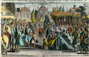 Mottakelse av Spanias spedbarn Marie Anne Victoire (1718-1781) av kong Louis XV i Paris ved Louvre 2. mars 1722. Mariana Victoria de Borbon ble forlovet i en alder av 3 med Louis XV i en alder av 11. Gravering av det 18. århundre. Privat samling av Unknown artist