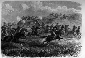 Red Skin Riders attacking a diligence in the Prairie. Engraving in “Le journal de la jeunesse”” av Unknown artist