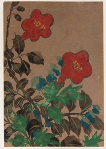 Røde og blå blomster og løvverk av Unknown artist