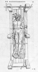 Reduksjon av brudd: en mann er festet på en båre, hans brukne arm er strukket mellom de to aksene. Plate illustrert av "" De dissectione partium corporis humani lbri tres... "" av Carlo Stefano Riverio, Paris 1545. av Unknown artist