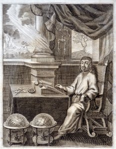 René Descartes (1596 - 1650) på kontoret sitt med vitenskapelig utstyr. Gravering fra 1600-tallet. av Unknown artist