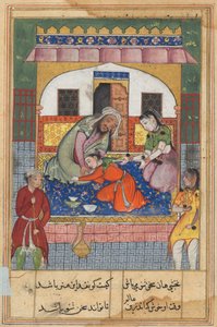 Etter å ha angret sin oppførsel, faller Ubaid for føttene til foreldrene sine, fra en Tuti-nama (Tales of a Parrot): førtiandre natt av Unknown artist