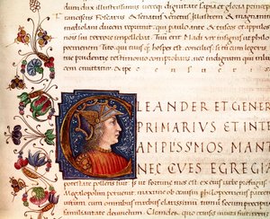 Representasjon av Alexander den store (356-323 f.Kr.) konge av Macedoine Miniature hentet fra "" Paralleles of illustrious men""" fra Plutarch (46-125 e.Kr.) (MS. XV. 1) 1400-tallet. Cesena, Biblioteca Malatestiana av Unknown artist