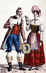 Representasjon av Dulcamare og Alina (fremført av henholdsvis Frezzolini og Heinefetter) i operaen "Elixir d
