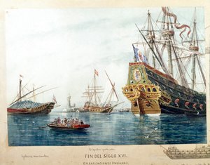 Representasjon av italienske skip, galeres, brigantine fra 1500-tallet (Akvarell av Unknown artist