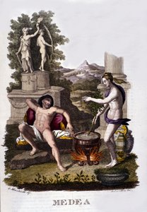Representasjon av Medea som forbereder forbannelsene sine etter syklusen til argonauter. Gravering av 1800-tallet. av Unknown artist