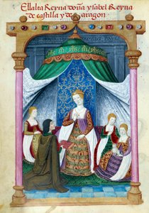 Representasjon av dronning Isabella av Portugal Isabella av Aragon (1271-1336) omgitt av sine ledsagere og Pedro Marcuello som tilbyr henne boken sin. Manuskriptside hentet fra "" Collection of devotion of Queen Joan the Folle (1479-1555) of Spai av Unknown artist