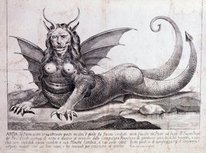 Representasjon av en harpy, et monster funnet i en peruansk innsjø: den har et menneskelig ansikt, horn, dragevinger, en løvemanke, kropp av et krypdyr, en kvinnes bryst (trykk 1784) av Unknown artist