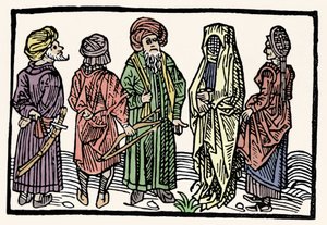 Representasjon av bokhvete. Menn med armer med sammenflettede hoder og tilslørte kvinner. Xylografi fra 1400-tallet av Unknown artist