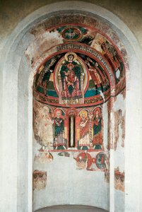 Representasjon av Jomfruen og Barnet omgitt av Magi Kings. Freske fra den sentrale apsis i kirken Santa Maria in taull. Rundt 1123. Barcelona. Nasjonalmuseet for kunst i Catalonia av Unknown artist