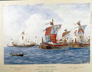 Representasjon av flåten til Vilhelm Erobreren på 1000-tallet, krigsskip, handel, passasjertransport (Akvarell av Unknown artist