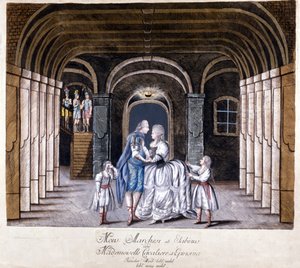 Representasjon av operaen «Giulio Sabino» av Giuseppe Sarti (1729-1802) i Wien i 1785. På scenen Caterina (Katharina) Cavalieri og kastraten Luigi Marchesi. Milan av Unknown artist