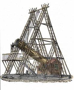 Representasjon av teleskopet til den engelske astronomen William Herschel (1738-1822). Gravering av 1800-tallet av Unknown artist