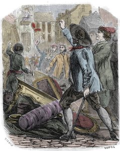 Reveillon-opptøyer skjedde mellom 26. og 29. april 1789 - Fransk revolusjon: Reveillon-affære - "" Plyndring av produksjonen av papints Jean Baptiste de Reveillon le 28. april 1789" Et parisisk opprør plyndret fabrikken som ligger rue du Faubourg saint Ant av Unknown artist