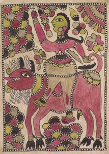 Rytter og firbeint storfe i lilla, chartreuse og svart palett av Unknown artist