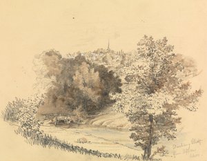 Elvelandskap med byen i det fjerne av Unknown artist
