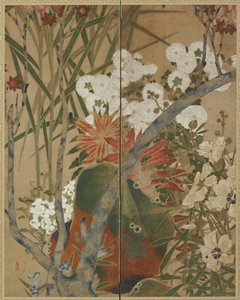 Stein, spirer og høstblomster av Unknown artist
