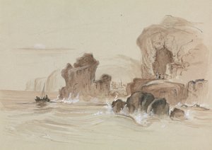 Steinete kystlinje med liten fiskebåt av Unknown artist