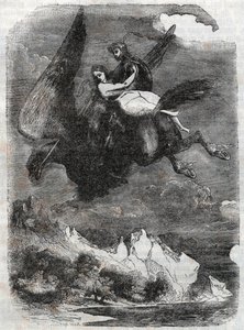 Roger (Ruggero, Ruggiero) og Angelique (Angelica) på flodhesten - gravering fra 1851 fra "" Roland furieux"" (1500-tallet) av Ludovico Ariosto, kjent som Ariosto - Utgave oversatt fra italiensk av greven av Tressan og publiserer av Unknown artist