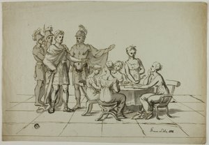 Romersk keiser nærmer seg gruppe kvinner som sitter ved bordet av Unknown artist