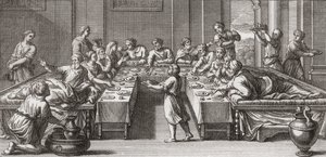 Romersk triclinium, eller spisestue, med bord og sofaer av Unknown artist