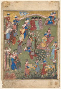 Kongelig mottakelse i et landskap, venstre folio fra den doble frontispicen til en Shahnama (Kongenes bok) av Firdausi (persisk, ca. 940–1019 eller 1025) av Unknown artist