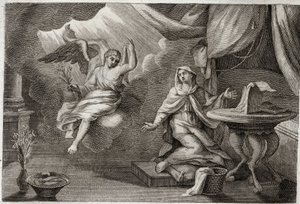 Royaumont Bibelen, Det nye testamente: Jomfruens kunngjøring. Erkeengelen Gabriel har kommet for å levere et budskap til Maria. Illustrasjon fra 1811. av Unknown artist