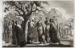 Royaumont Bibelen, Det nye testamente: Omvendelse av Zachee. Jesus Kristus snakker med Zachee og sitter på platanen. Illustrasjon fra 1811. av Unknown artist
