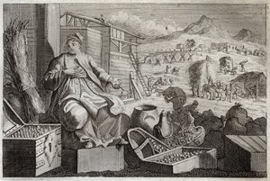 Royaumont Bibelen, Det nye testamente: Rikdomsgalskap eller lignelsen om den rike mannen. Jesus Kristus taler mot forfengeligheten til en rik mann, som applauderte seg selv i sine store eiendeler, og døde neste natt. Illustrasjon fra 1811. av Unknown artist