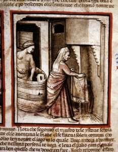 Ruth lager toalettet sitt ved hjelp av svigermor Noemi (Naomi, Noemie) før hun sover i sengen til ektemannen Boaz (Booz). Ruts bok. Miniatyr fra kodeks 212 (eller padovano-kodeks eller Bible of Padua) 1390-1400 Rovigo, Accademia dei Concordi av Unknown artist