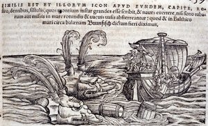 Sjømenn kaster tønner i havet for å distrahere monstre i jakten. Gravering i «Historia Animalium» av Conrad Gesner (1516-1565), Tiguri av Unknown artist