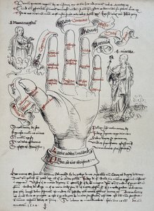 Saint Brigitte, med sine gaver som visjonær, blir påkalt for å vite dødsdatoen til en person, som leser håndens linjer. Den hellige Maria Magdalena og Marta vises på hver side av hånden. av Unknown artist