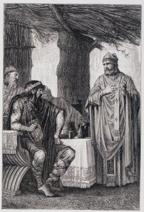 Saint Gregoire of Tours (538-594) mot Chilperic I (539-584) kongen av Neustria. av Unknown artist