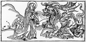 Saint Martha and the Tarasque - Gravering fra "Leben der Heiligen - sommerteil" (Helgenens bok) av Jacobus (James) fra Voragine (1228-1298). Lübeck 1488. av Unknown artist