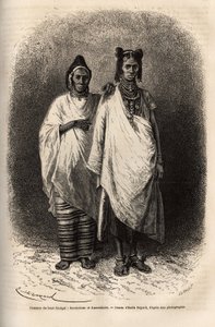 Sarakolese og Kassonkese kvinner, befolkninger i Øvre Senegal, i tradisjonelle klær. Gravering for å illustrere et cruise på kysten av Afrika, av viseadmiral Fleuriot de Langle, i 1868, publisert i "" Le tour du monde""" 1872, redigert av Edouard Charton av Unknown artist