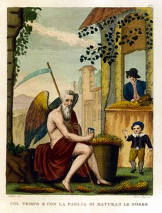 Ordtak: "" Med tid og strå kanter nefler og eikenøtter"" (tiden gjør alt grumsete), Illustrasjon fra en samling ordspråk. 1800-tallet av Unknown artist
