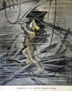 Scaphandrier leter etter vrak i Le Havre. illustrasjon av "Petity Journal"" fra 1892. av Unknown artist