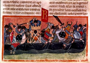 Scene av sjøslag Miniatyr fra en fransk kodeks på pergament "Fakta om romerne"" som forteller den eldgamle historien frem til Jules Cesar (101 f.Kr.-44 f.Kr.). Venezia fra 1200-tallet, biblioteca Marciana av Unknown artist