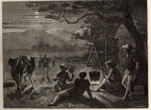 Scene for resten av landet, i måneskinn, er matter reist på bakken etter arbeidsdagen. Gravering for å illustrere reisen til Japan i 1863-1864, av Aime Humbert, minister for det sveitsiske konføderasjonen, i «Le tour du monde, nouveau journal des av Unknown artist