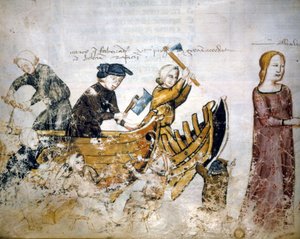 Scene for skipsbygging på 1200-tallet. av Unknown artist